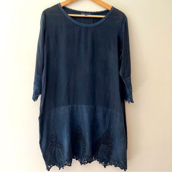 Boho Tunic Lace Trimmed Stonewashed Navy Medium Crosstree Lane - Picture 1 of 8